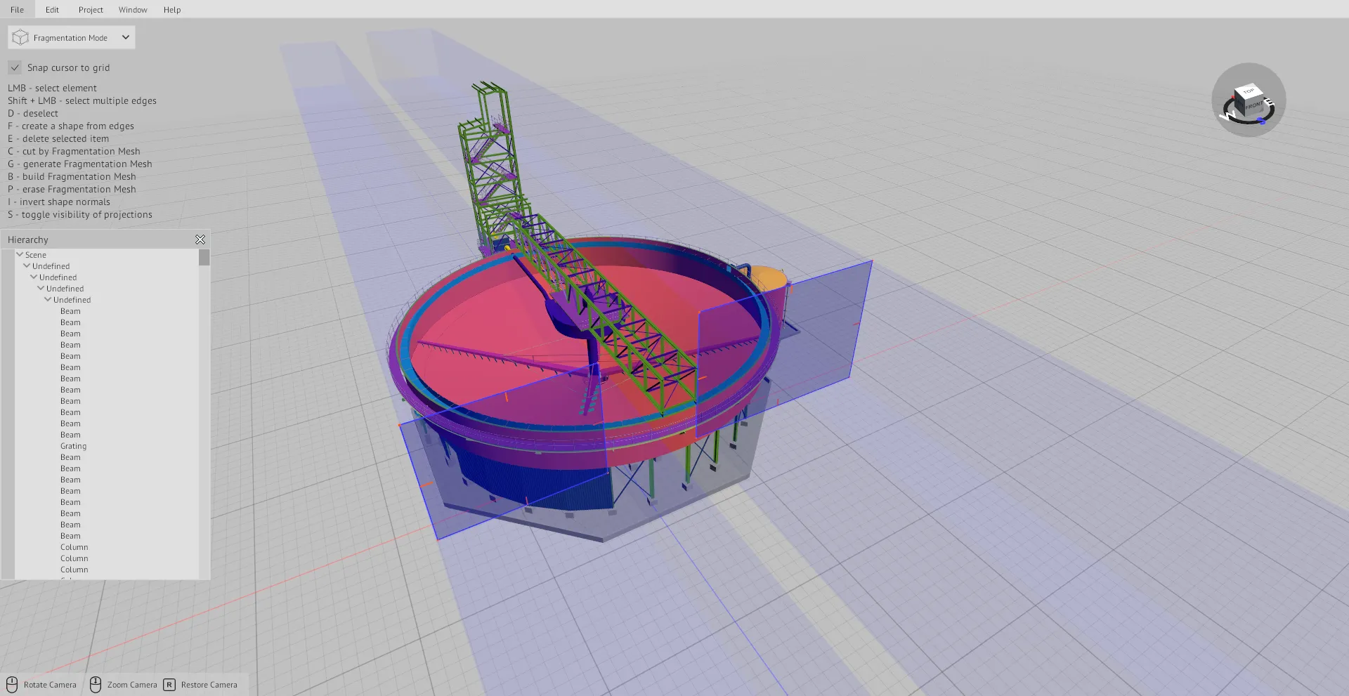 BIM CUT in fragmentation mode: blue grid planes drawn through a 3D model of a round steel tank.