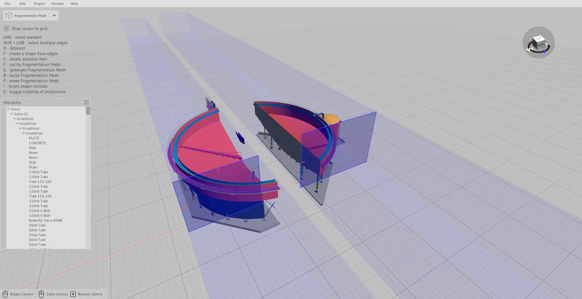 BIM CUT in fragmentation mode: the 3D model of the round steel tank cut into two separate sectors.