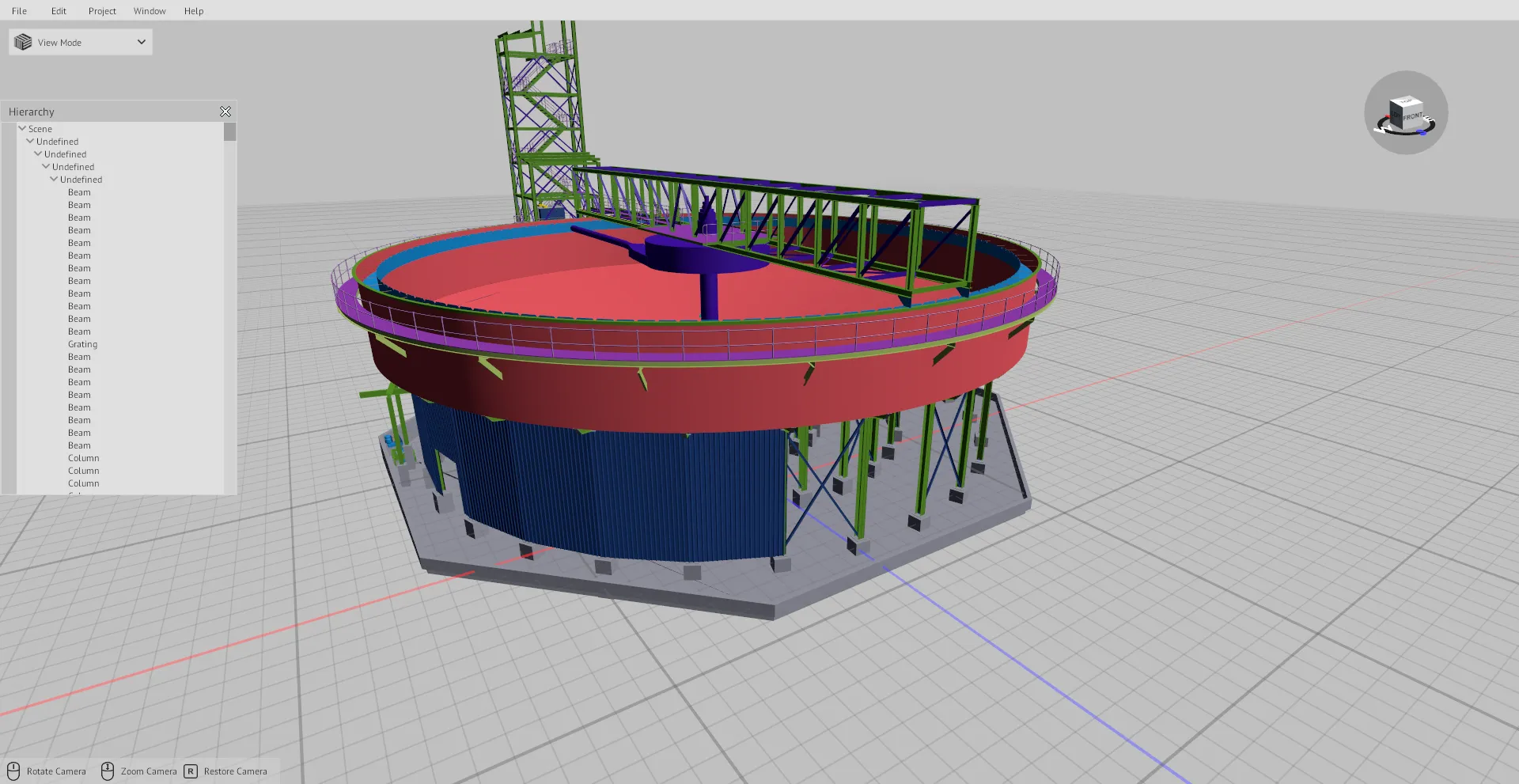 BIM CUT in view mode: a 3D model of a round steel tank with a stair tower, and the hierarchy panel of the model on the left.