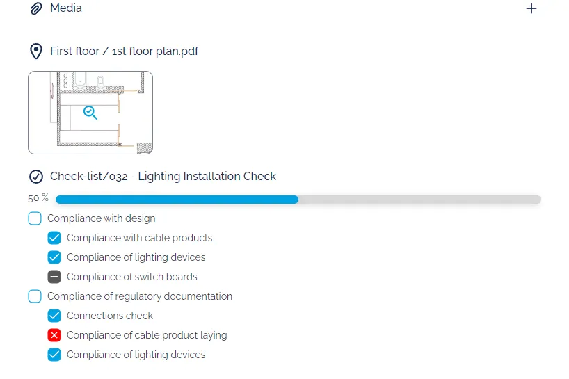 XR Blueprint checklist for a lighting installation check, with a progress bar and ticked, failed and open items.