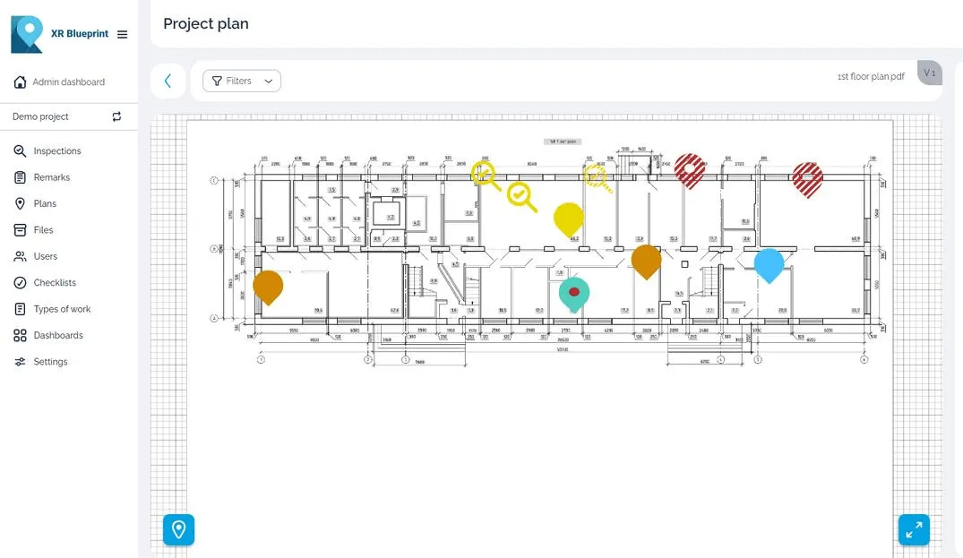 XR Blueprint project plan of a first floor, with coloured pins that mark snags on the drawing.